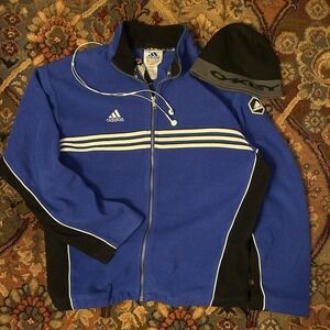 Vintage y2k sAdidas Fleece Jacket Mens XL Blue Black Full Zip 3 Stripe skater